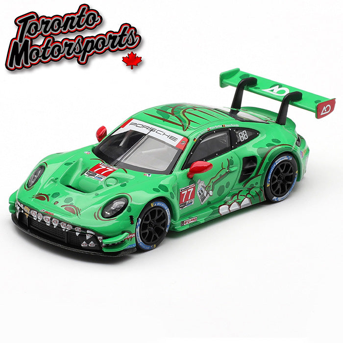 2025 Porsche 911 GT3 R “REXY” AO Racing #77 Bachler/Heinrich/Picariello – *w/ BRACES & GOLD TOOTH* WINNER GTD PRO IMSA Sebring 12 Hrs 1:64 Scale by MiniGT #MGT01218